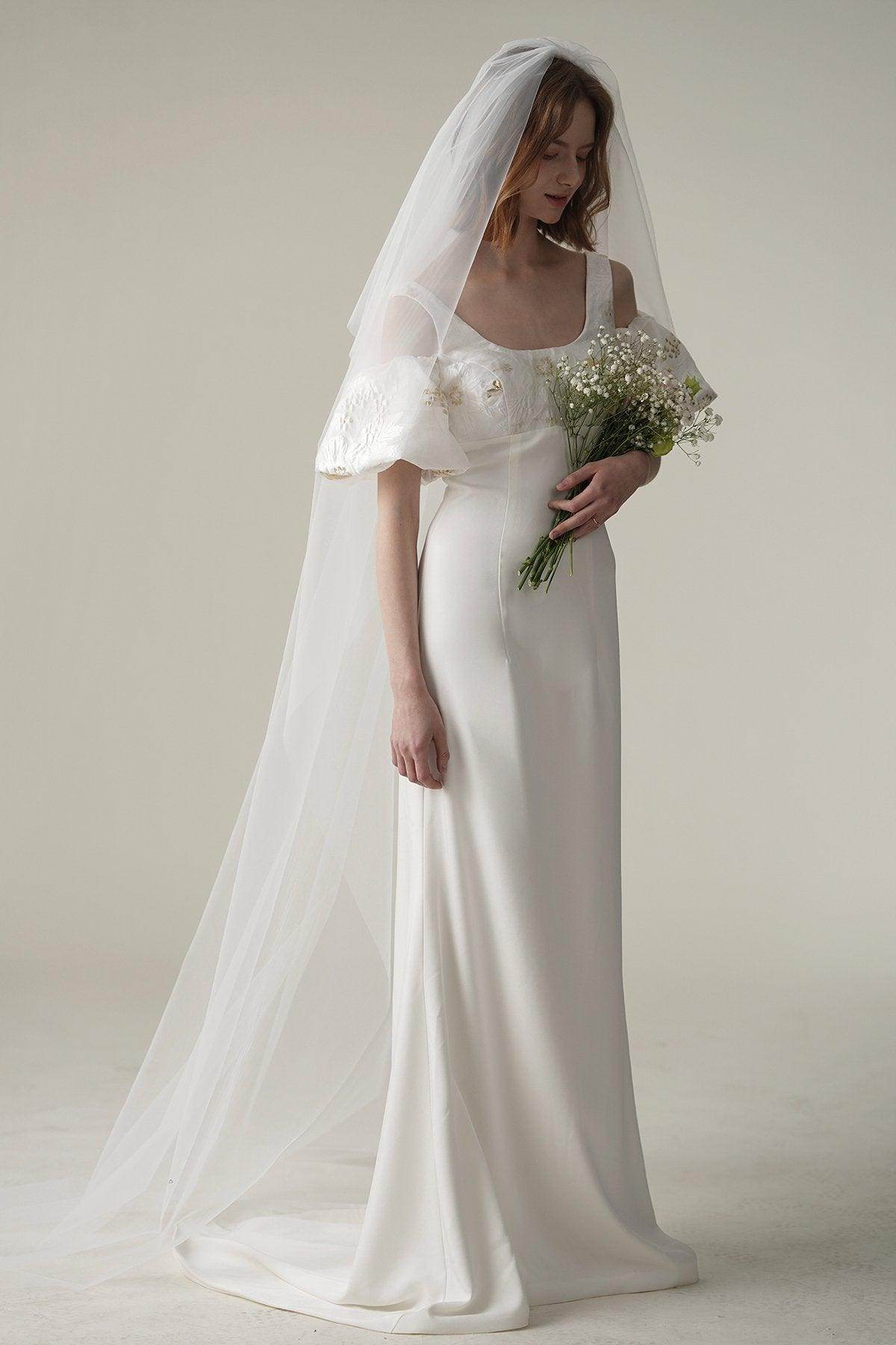 Sheath Sweep-Brush Train Satin Jacquard Wedding Dress CW3077 - COCOMELODY